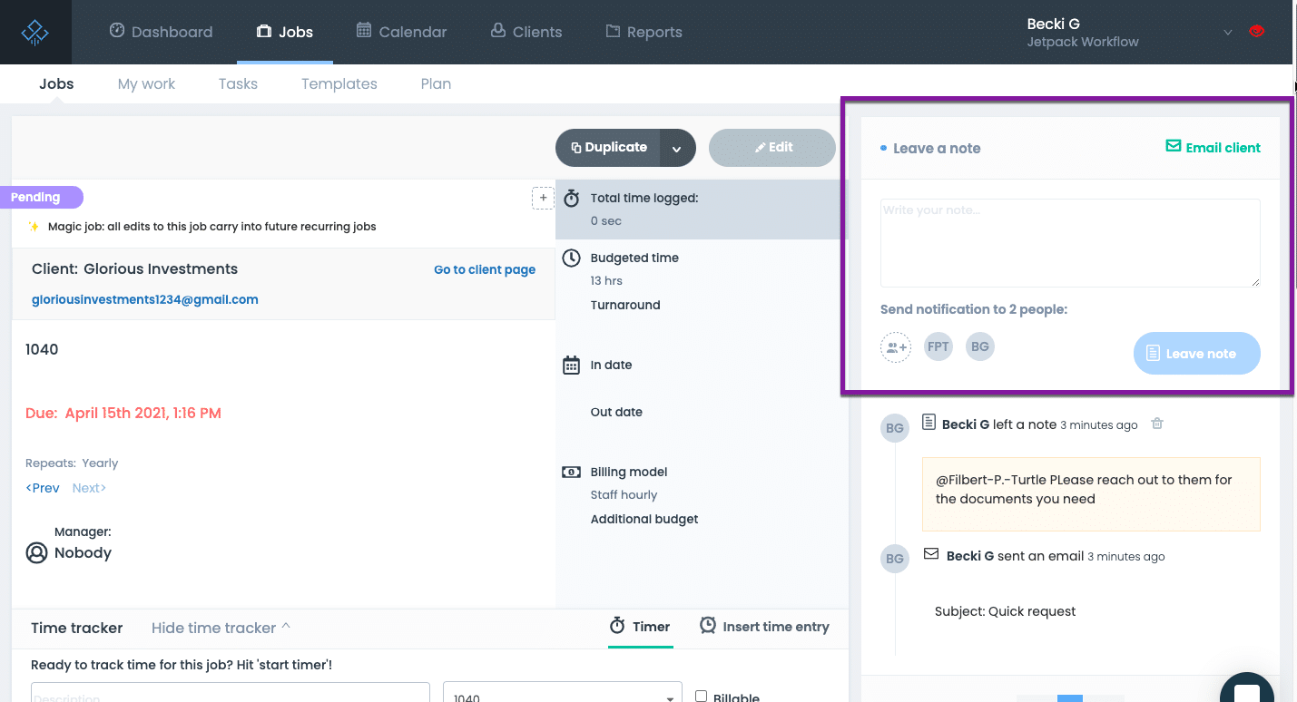 Sending email to clients from a project inside Jetpack Workflow