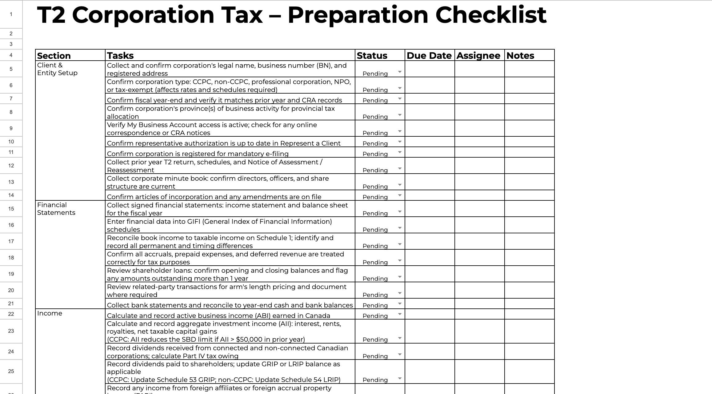 screehsot of T2 Corporation Tax Returns Checklist Template sample