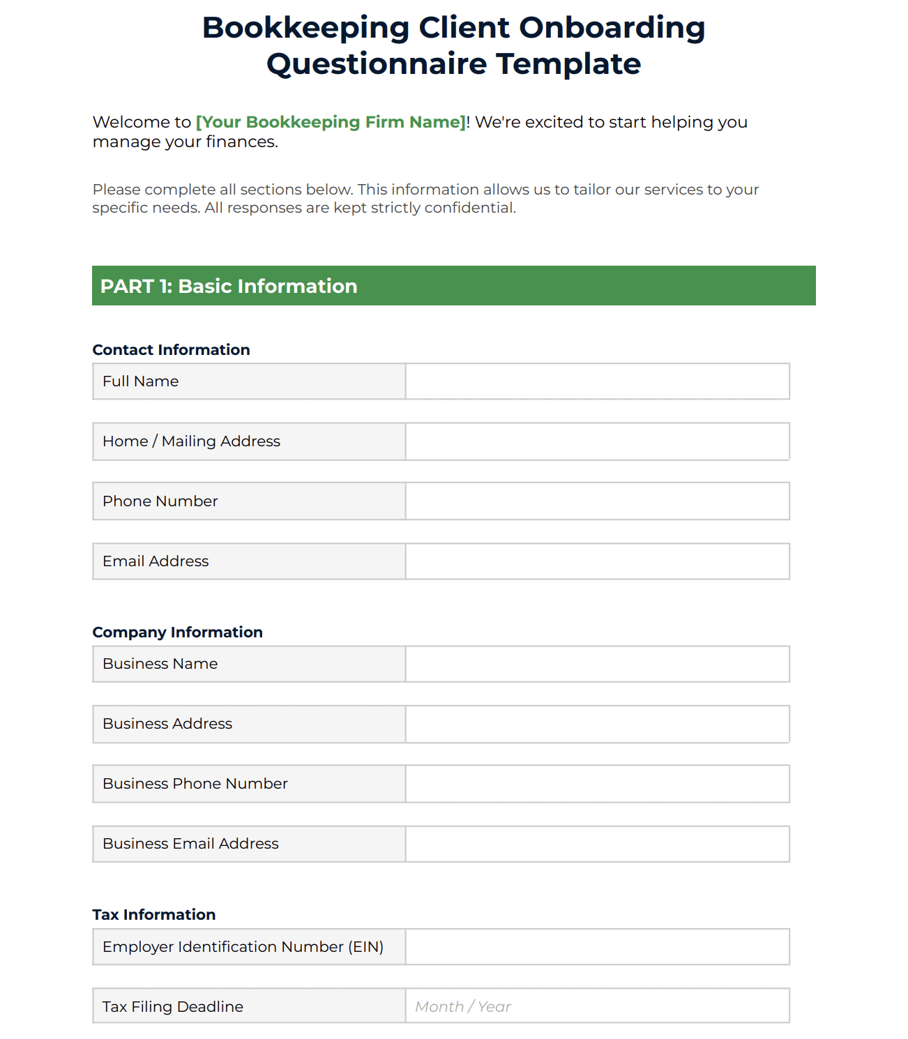 sample of a bookkeeping client onboarding questionnaire template