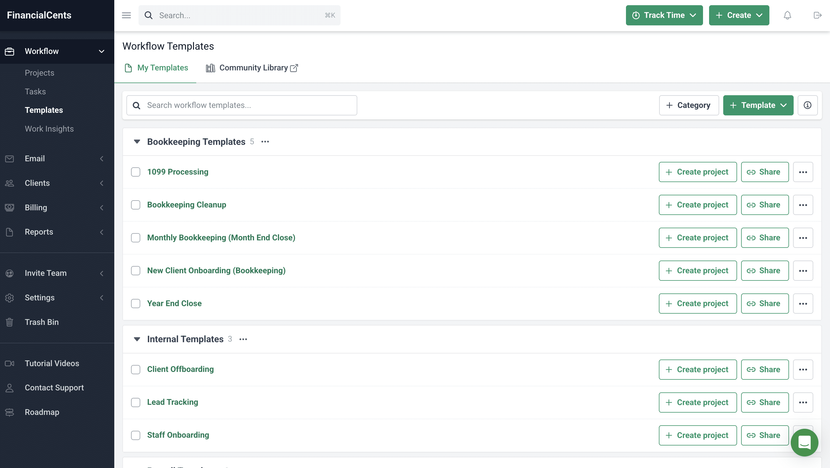 Workflow templates inside Financial Cents