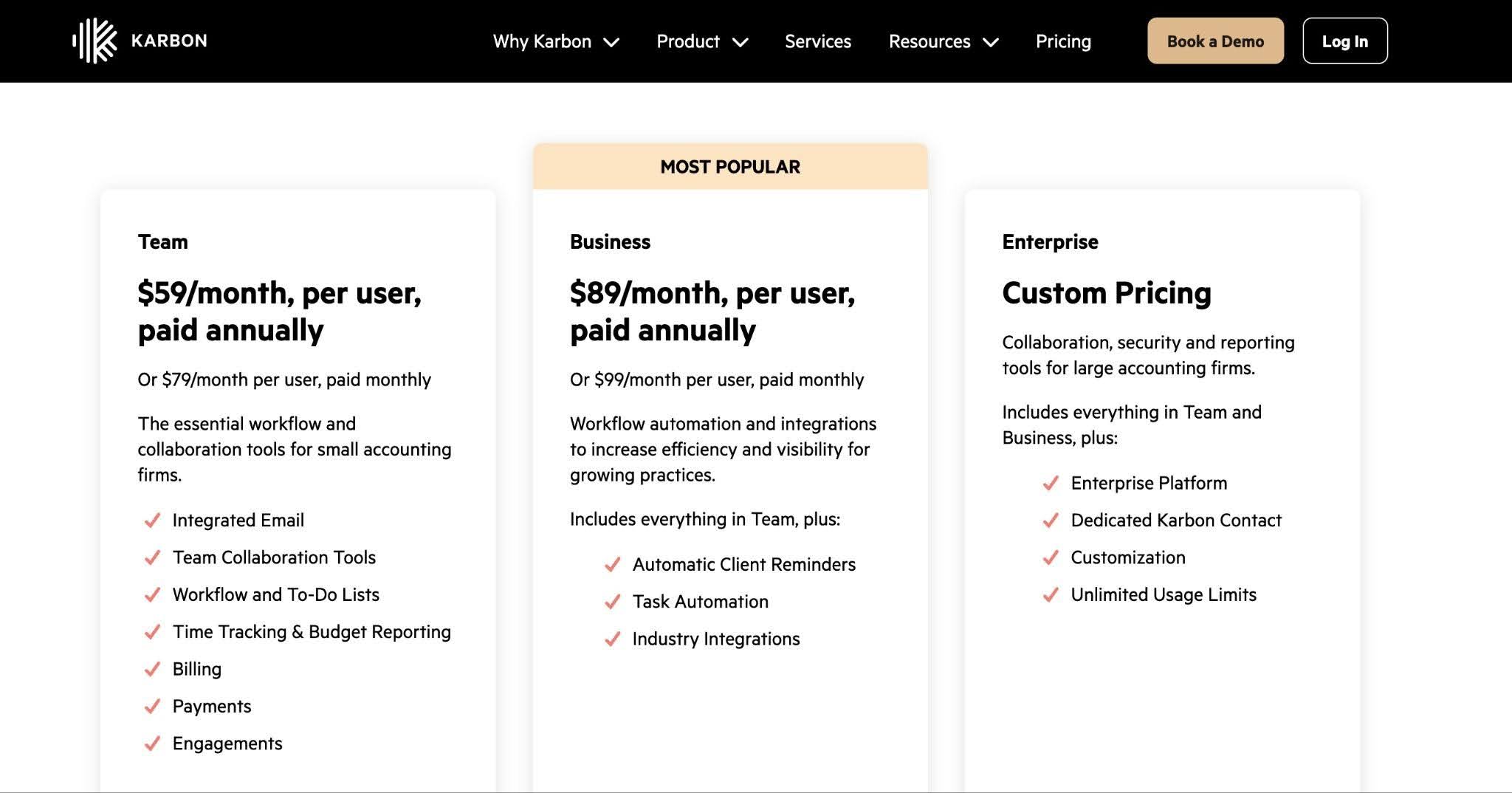 Karbon' pricing page showing a list of all their plans
