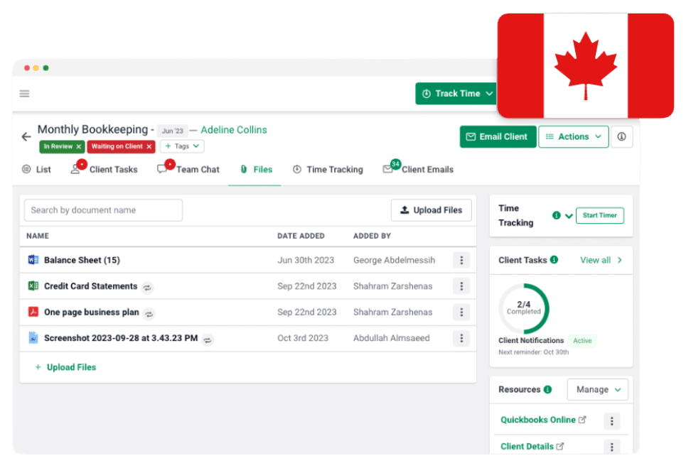 Financial Cents Canadian file storage showing secure client document management, file uploads, shared records, and bookkeeping workflow in one place.