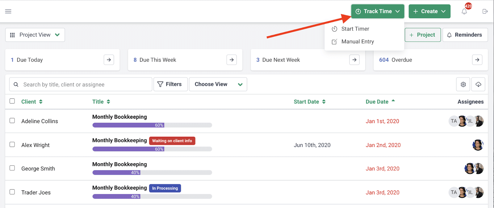 Financial Cents time tracking menu with options to start a timer or log time manually while managing accounting projects and workflows.
