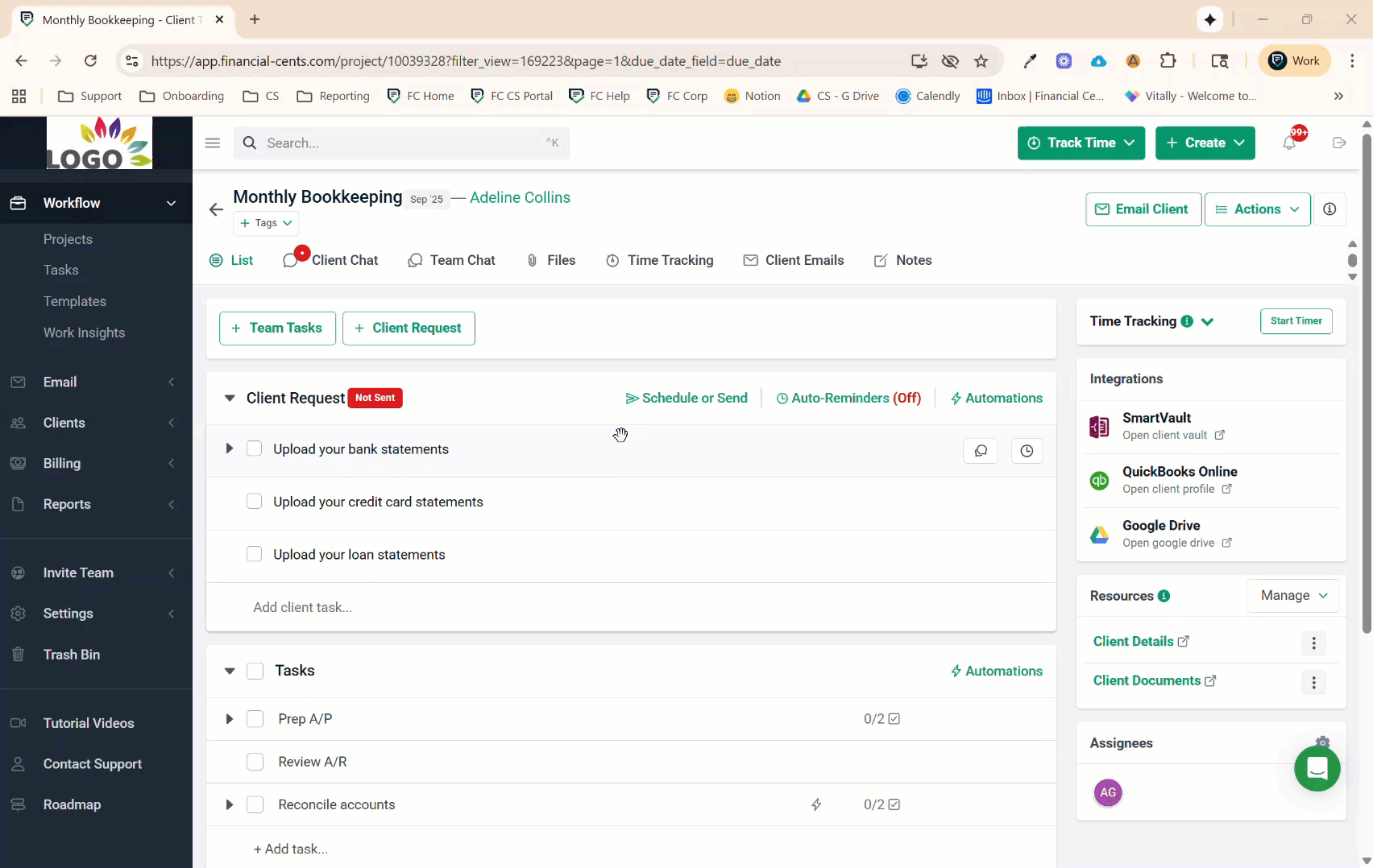 Financial Cents monthly bookkeeping workflow showing client requests, task checklist, time tracking, and integrations in a client project.