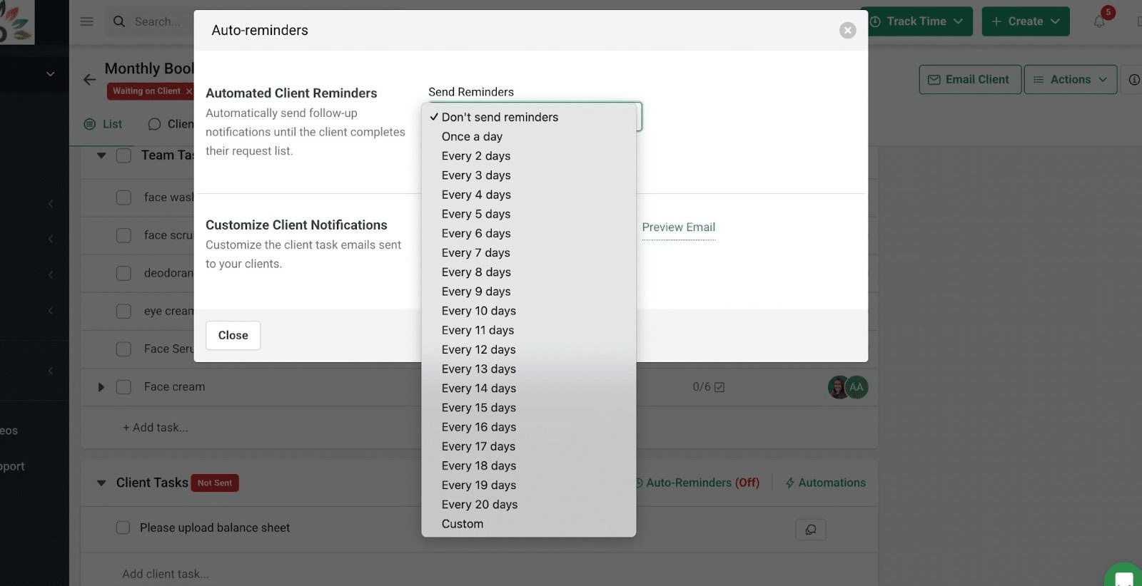 Financial Cents auto reminders settings showing automated client reminder intervals and customizable email notifications for outstanding client tasks.