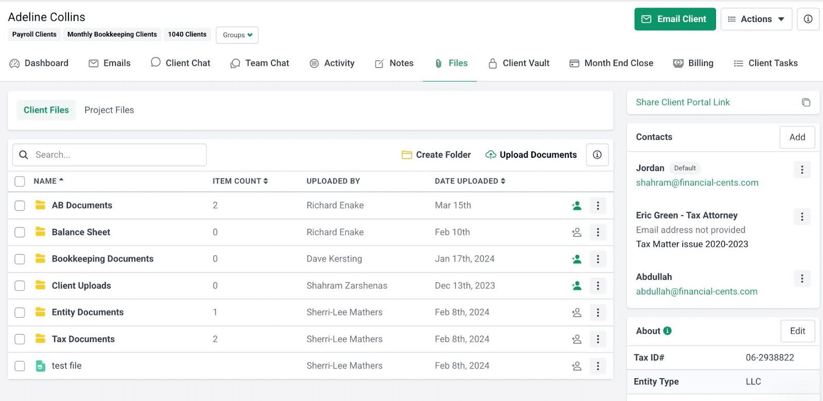 Financial Cents client file manager with document folders, uploads, client contacts, secure portal access, and document organization for accounting firms.