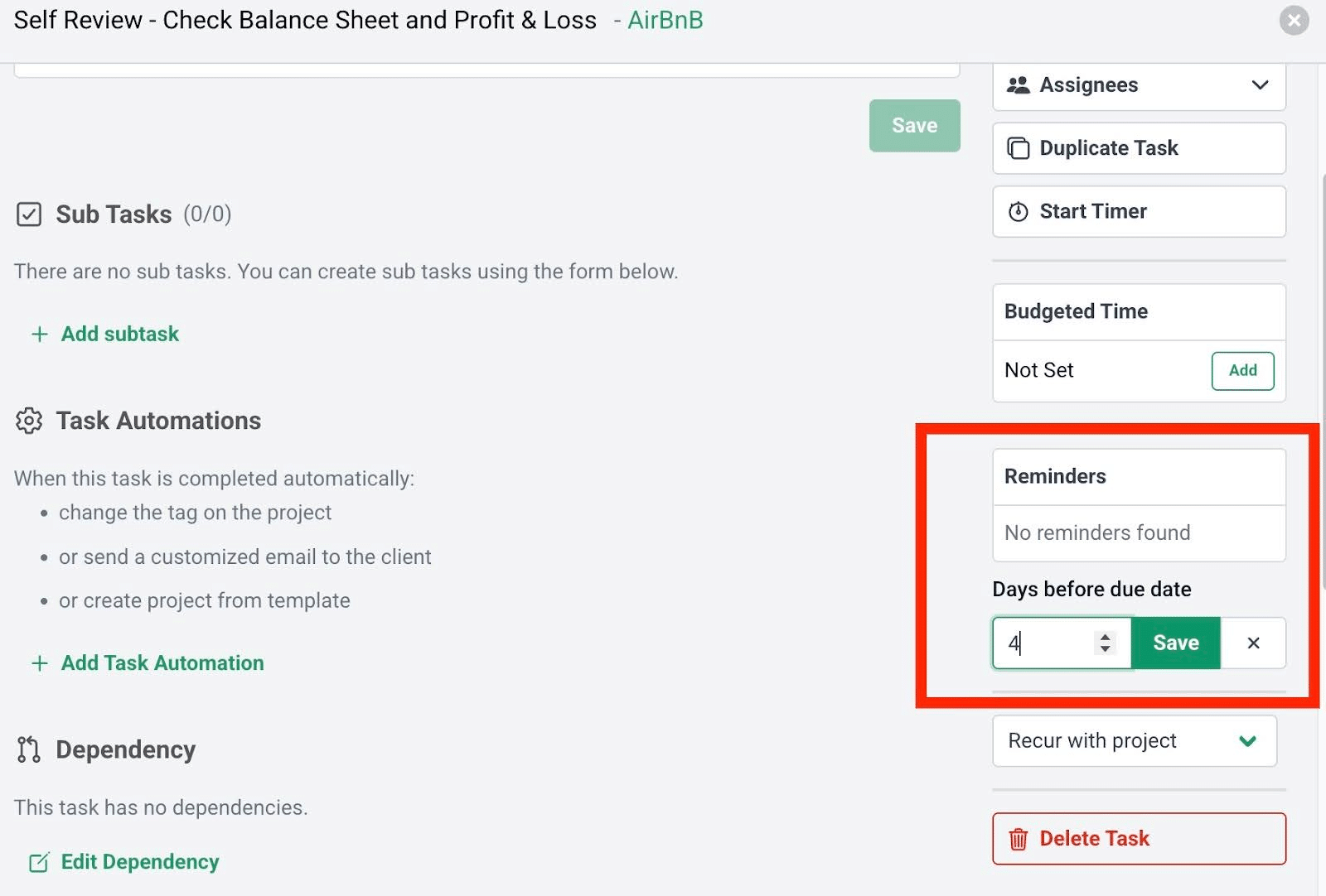 Financial Cents task reminder settings with due date notifications, task automations, dependencies, and recurring task options for accounting workflows.