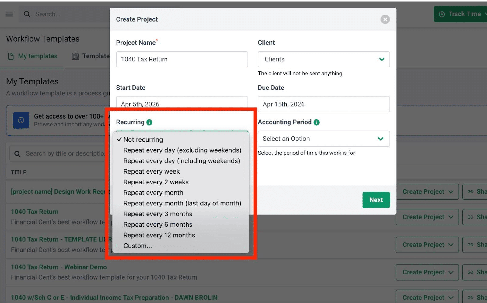 Financial Cents project creation screen with recurring workflow options for daily, weekly, monthly, and custom recurring accounting work.