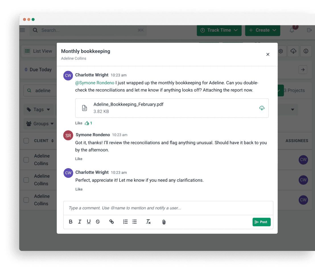 Financial Cents team chat showing task comments, @mentions, file sharing, and collaboration on a monthly bookkeeping project.