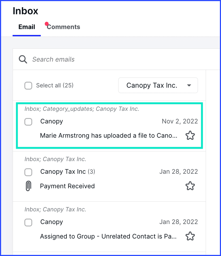 Canopy inbox showing Email and Comments tabs