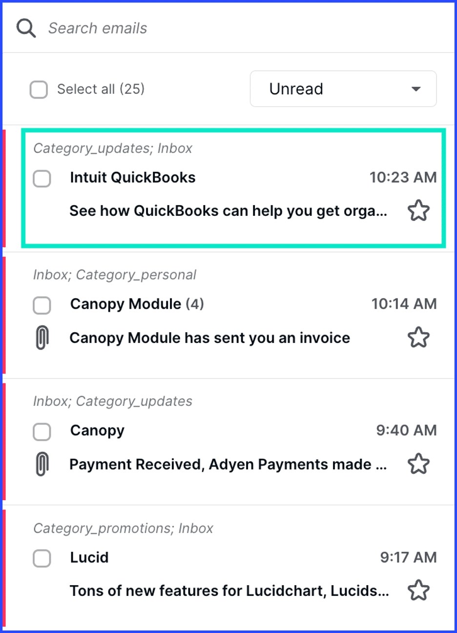 Canopy email inbox with category labels