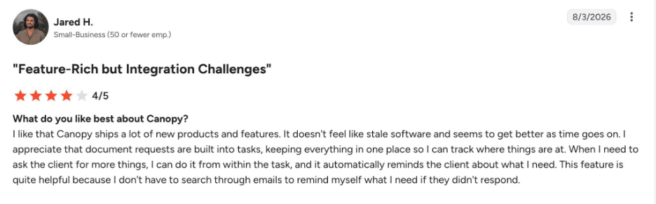 Canopy 4-star customer review of its email feature
