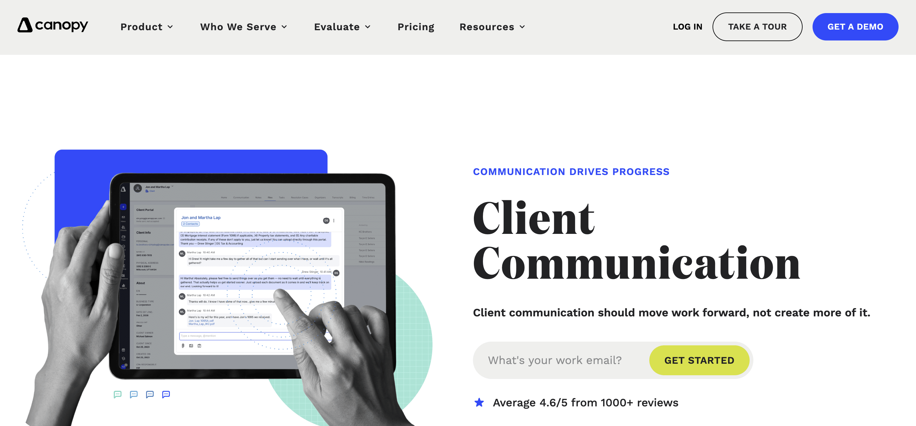 snapshot of canopy's client communication and email management feature page