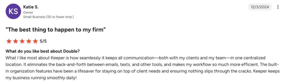 Katie S. 5-star customer review of Double's email feature