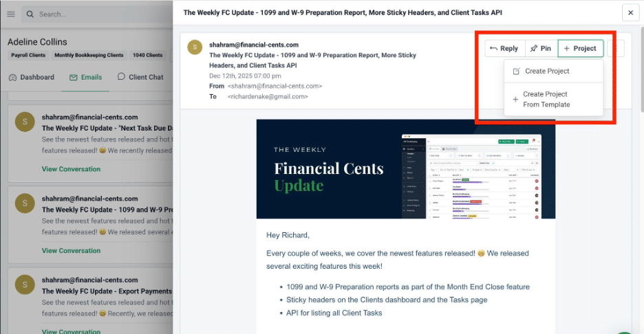 Converting a client email into a project in Financial Cents