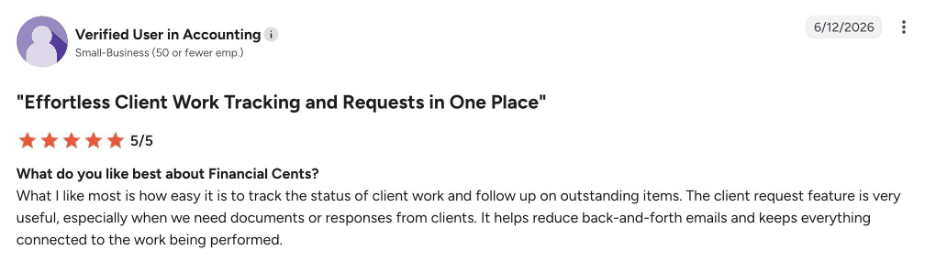 a 5-star customer review of Financial Cents email feature