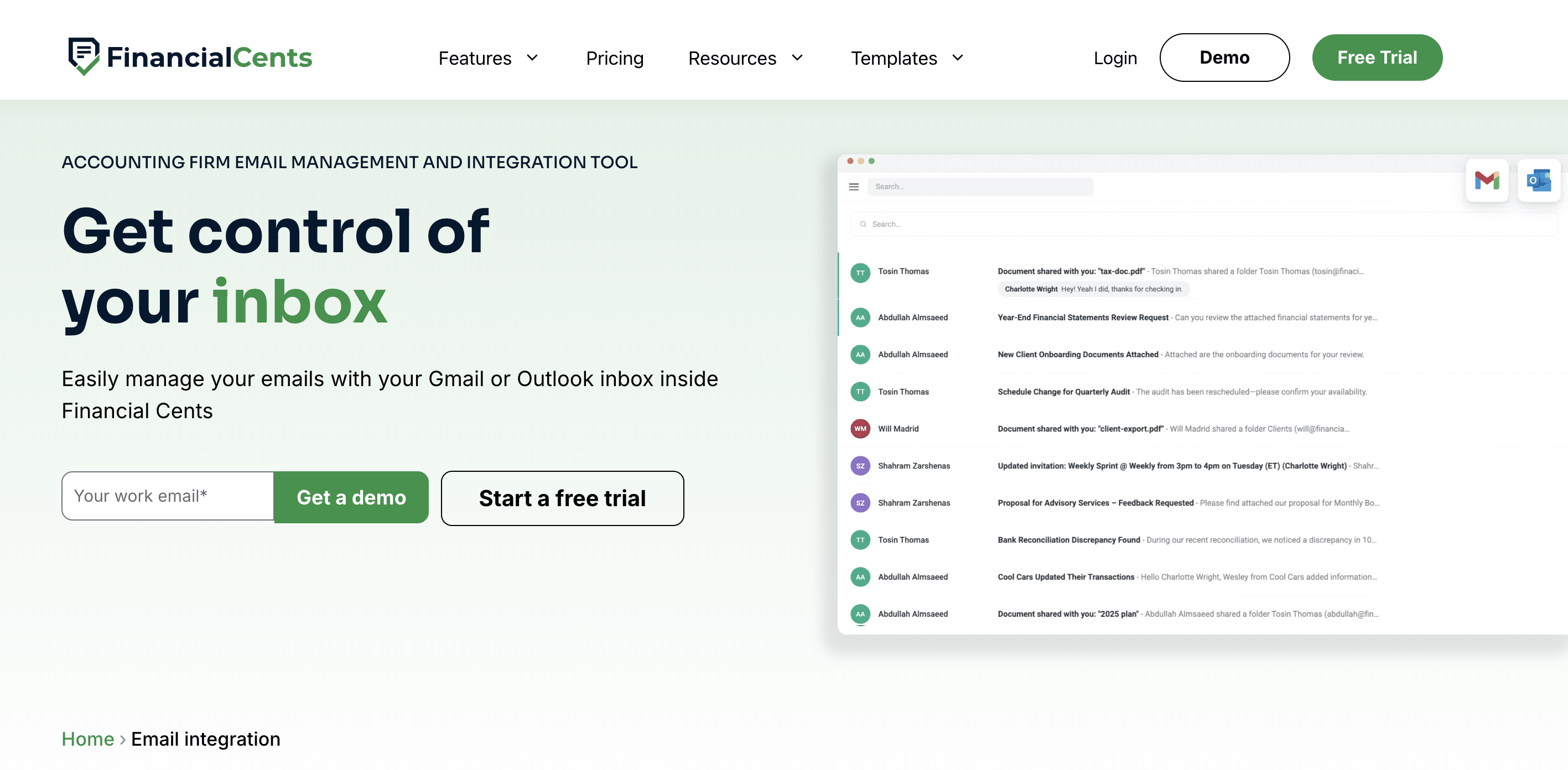 Financial Cents email integration view