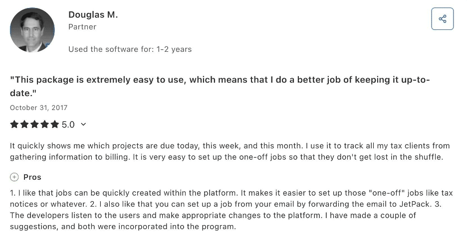 Jetpack Workflow 5-star customer review from 2017 mentioning email