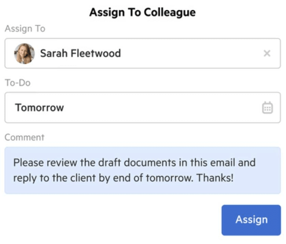 Karbon assign-email-to-colleague dialog