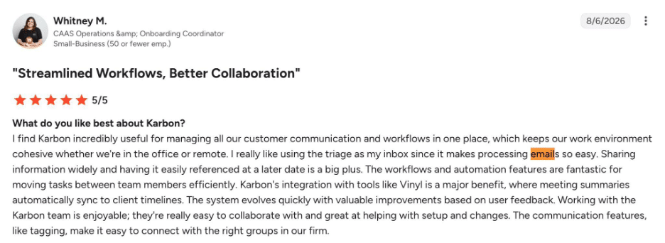 Whitney M. 5-star customer review of Karbon's email feature
