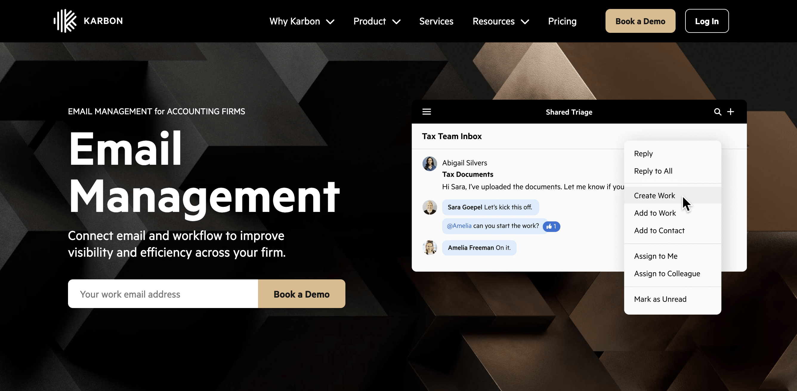 snapshot of Karbon's email management feature