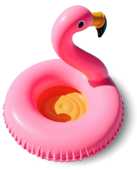 Pink inflatable flamingo drink holder with an orange cup insert.