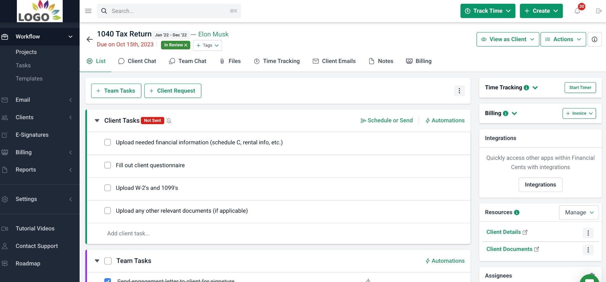 Workflow overview showing list of tasks