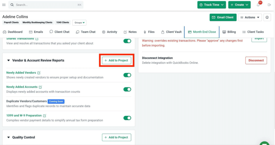 adding month-end close review to a client project in Financial Cents