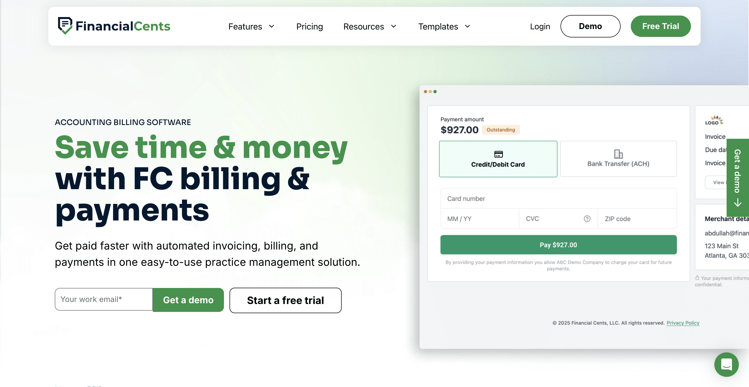 snapshot of Financial Cents billing software product page