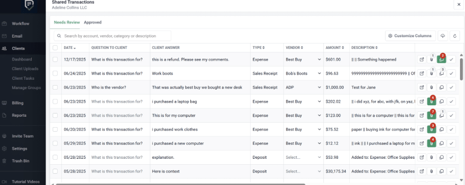 Financial Cents Shared Transactions screen showing client questions on categorized transactions