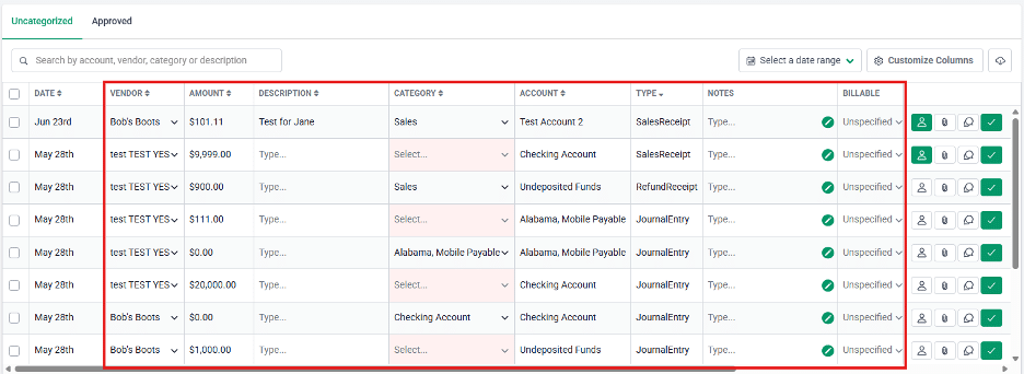Financial Cents transaction review with key columns highlighted