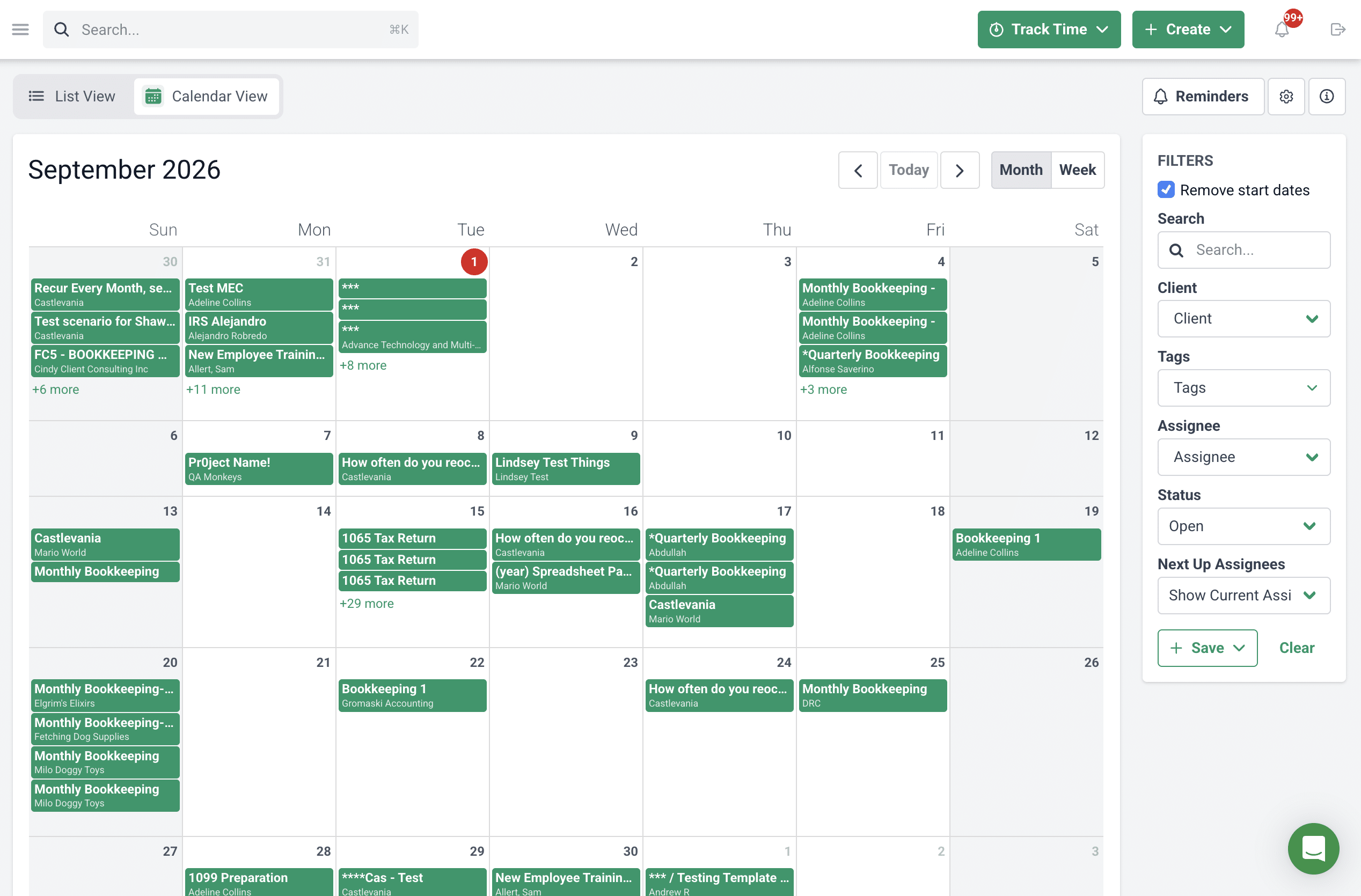 Financial Cents workflow dashboard Calendar view