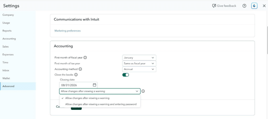 QuickBooks online close the date settings with password