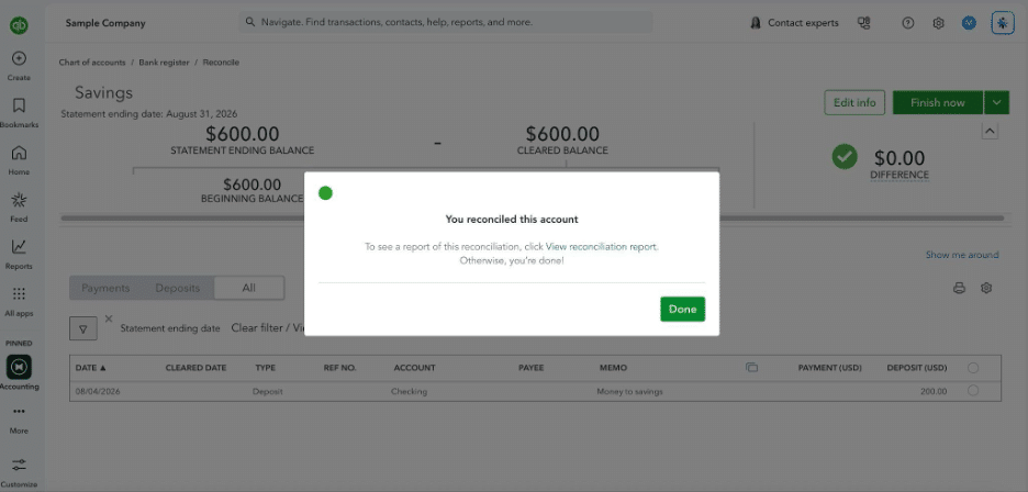 QuickBooks Online account reconciliation screen showing successful reconciliation with zero difference
