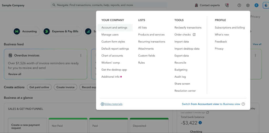 QuickBooks Online accounting and settings menu