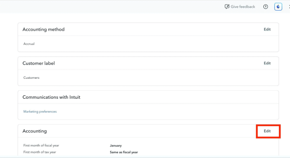 QuickBooks Online Settings Accounting section with Edit button highlighted