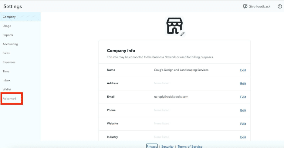 QuickBooks Online Settings page with the Advanced tab highlighted