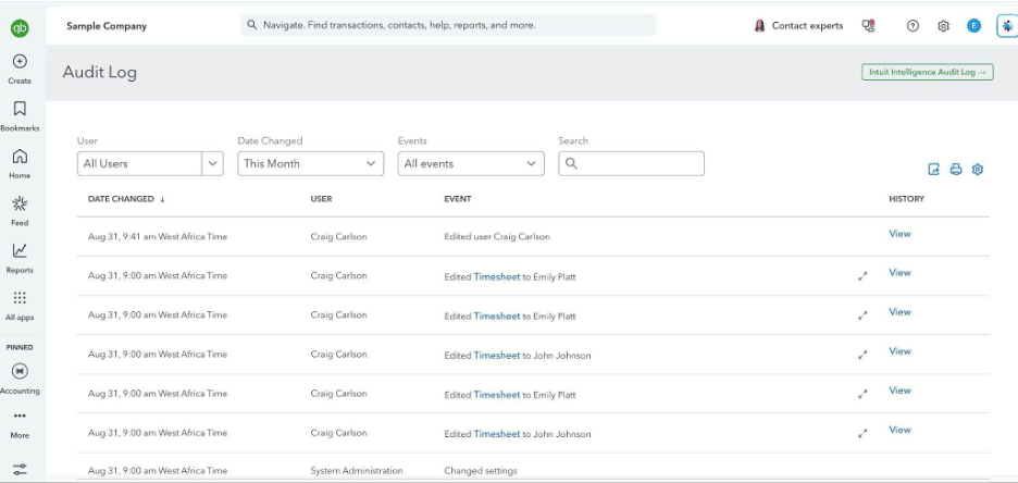 QuickBooks Online Audit Log showing recent user activity and changes