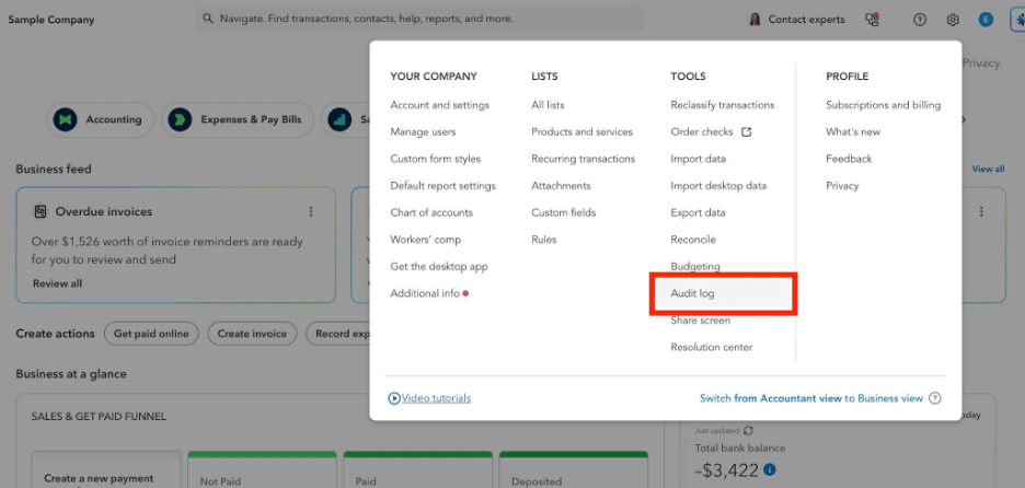 Navigating to the audit log settings in QuickBooks