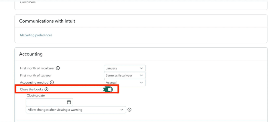 QuickBooks Online close the books toggle to edit date