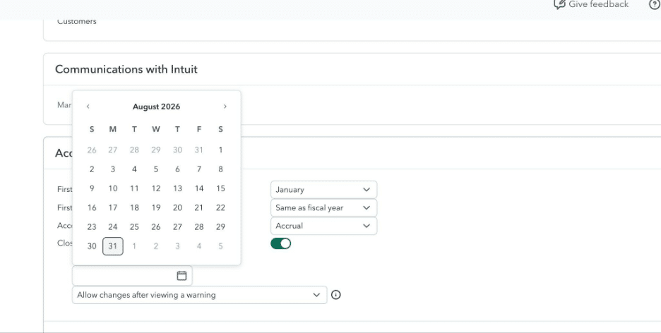 QuickBooks Online closing date calendar picker showing August 2026