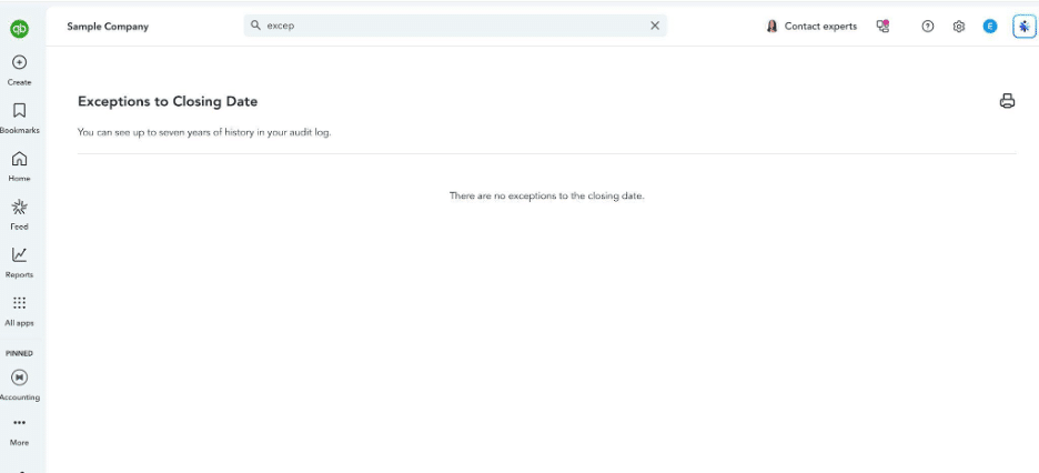 QuickBooks Online Exceptions to Closing Date report showing no exceptions found