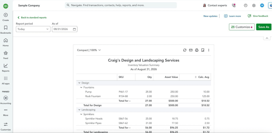 QuickBooks Online Inventory Valuation Summary report as of August 31 2026
