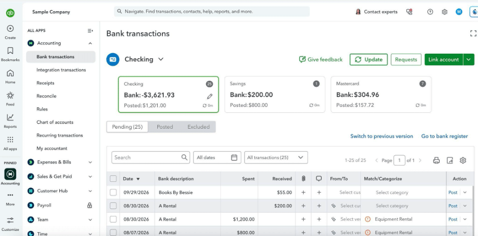 QuickBooks Online Bank Transactions page showing pending transactions for review