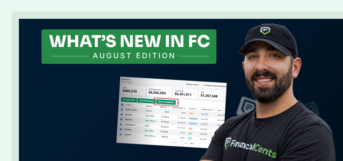 What's New in FC August Edition banner showing FinancialCents software screenshot and presenter
