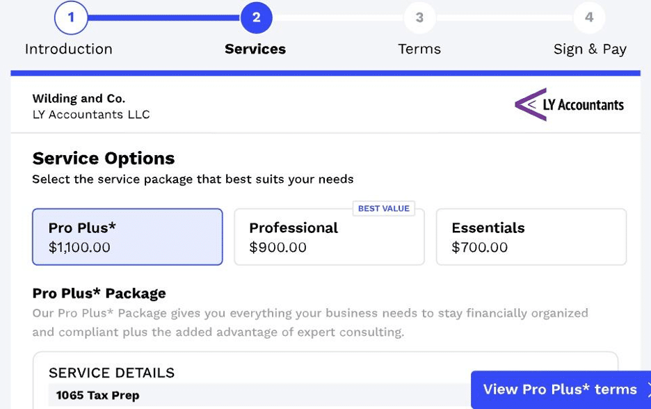 Canopy engagement details setup with template name, engagement period, and client selection