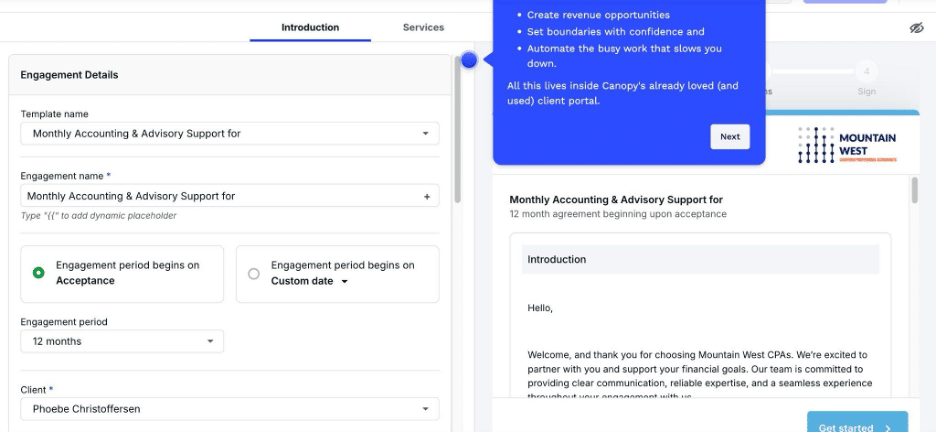 Canopy client-facing proposal with tiered service packages and pricing options