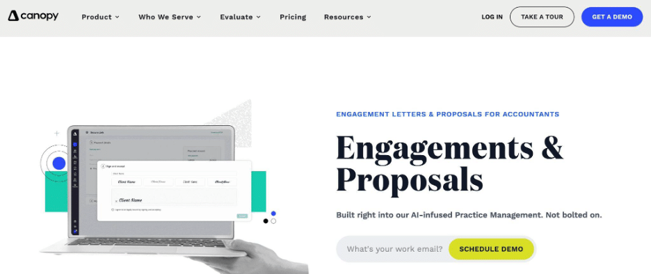 Canopy engagements and proposals feature page for accountants