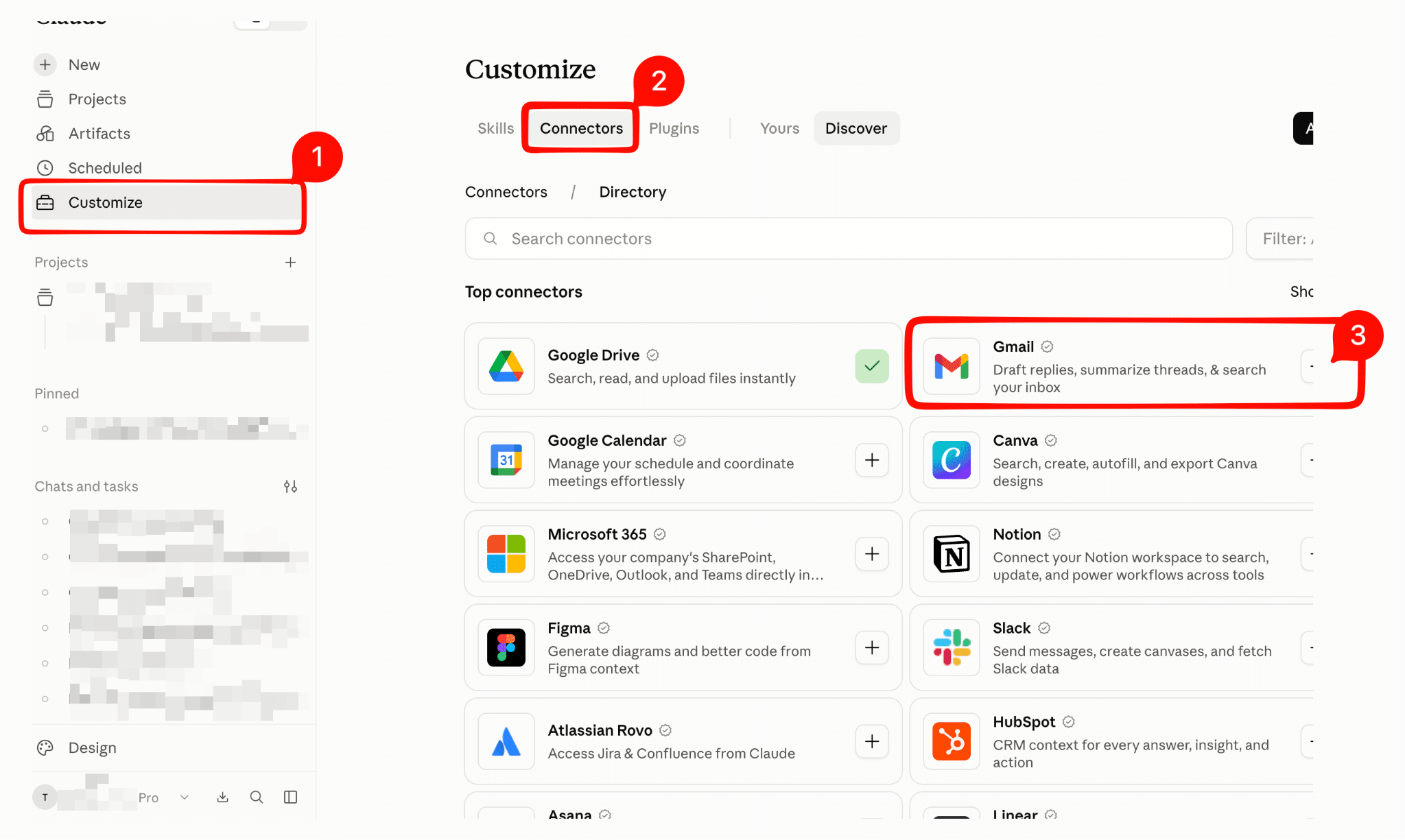 Claude Customize screen showing how to open Connectors and add Gmail as a connected tool for Cowork