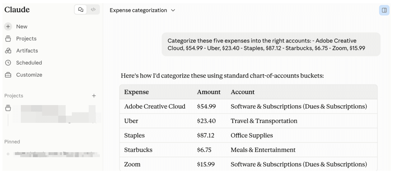 Claude in Chat categorizing five sample expenses into generic chart-of-accounts buckets without a custom skill